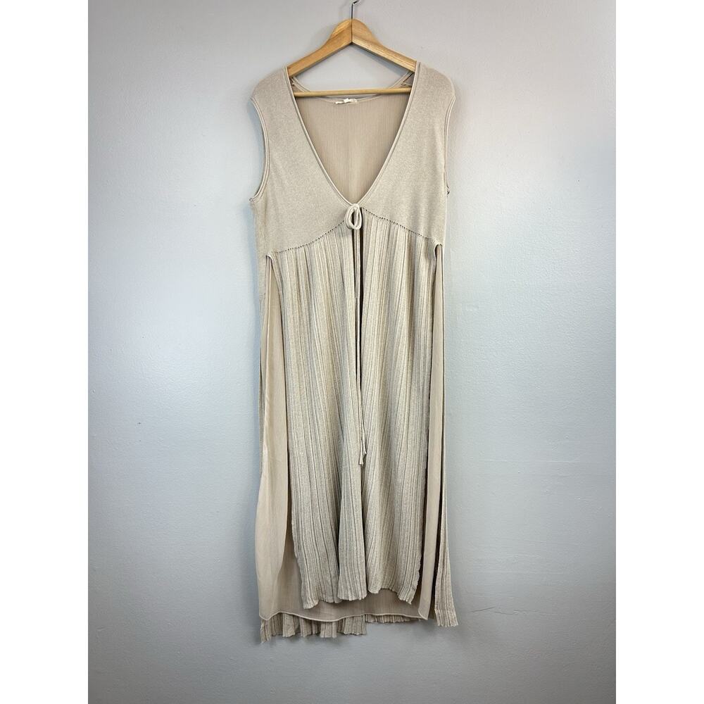 Long Taupe Duster Vest Open Front Side Slits Boho Cardigan Womens Large Mystree